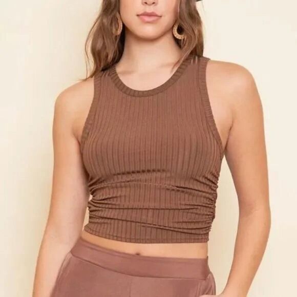 NWT Brown Ruched Sleeveless Tank Crop Top - Picture 1 of 4